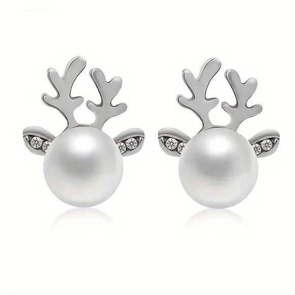 REINDEER‎ ANTLERS Christmas Pearl & Rhinestone Silver Tone Holiday Earrings NEW - Picture 3 of 8